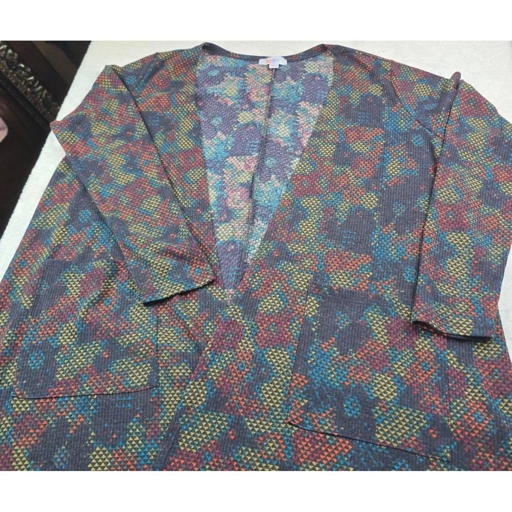 LuLaRoe Sarah Cardigan Large Open Front Duster Geometric Ribbed Knit Pockets